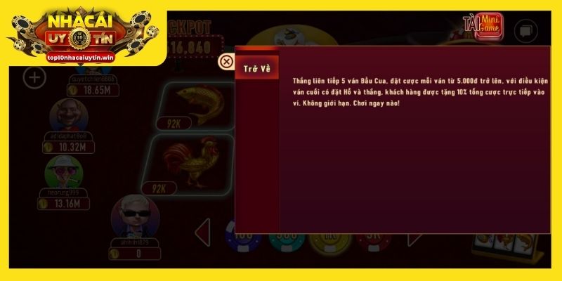 Cá cược bầu cua để nhận thưởng lên đến 10% tổng cược